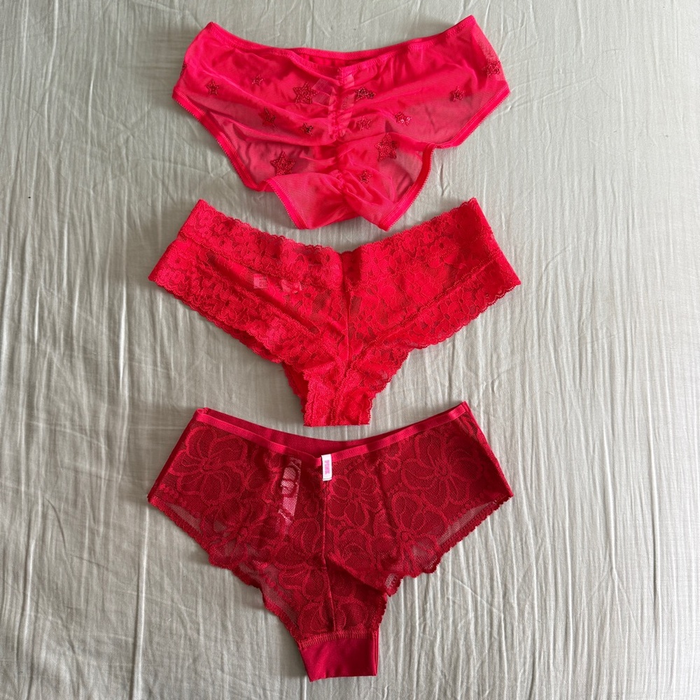 3 x Victoria's Secret & VS PINK Lace Cheeky Panties Sheer Floral Star Sequins